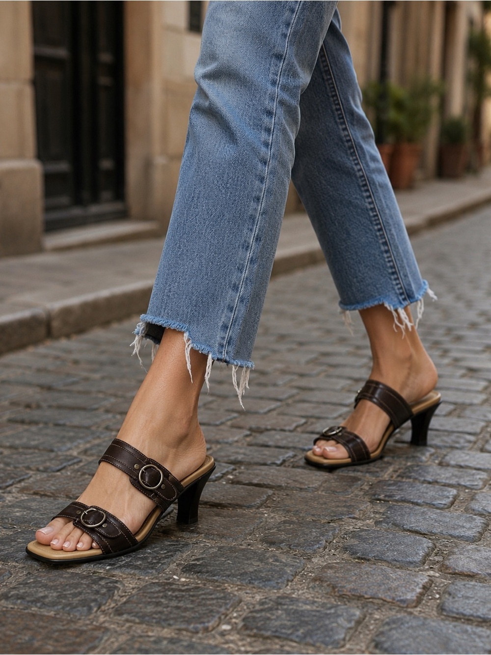 LIZ CLAIBORNE Classic Feminine Dark Brown Leather Slide Sandals Sz 8.5 GUC